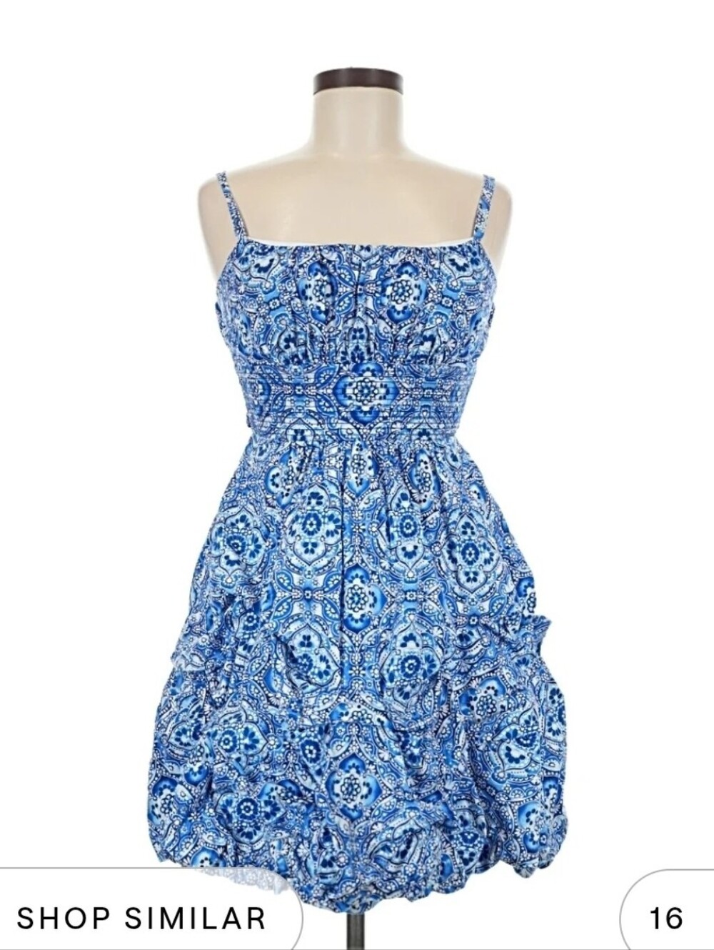 dressbarn Blue and White Printed Spaghetti-Strap Dress. Size 8
